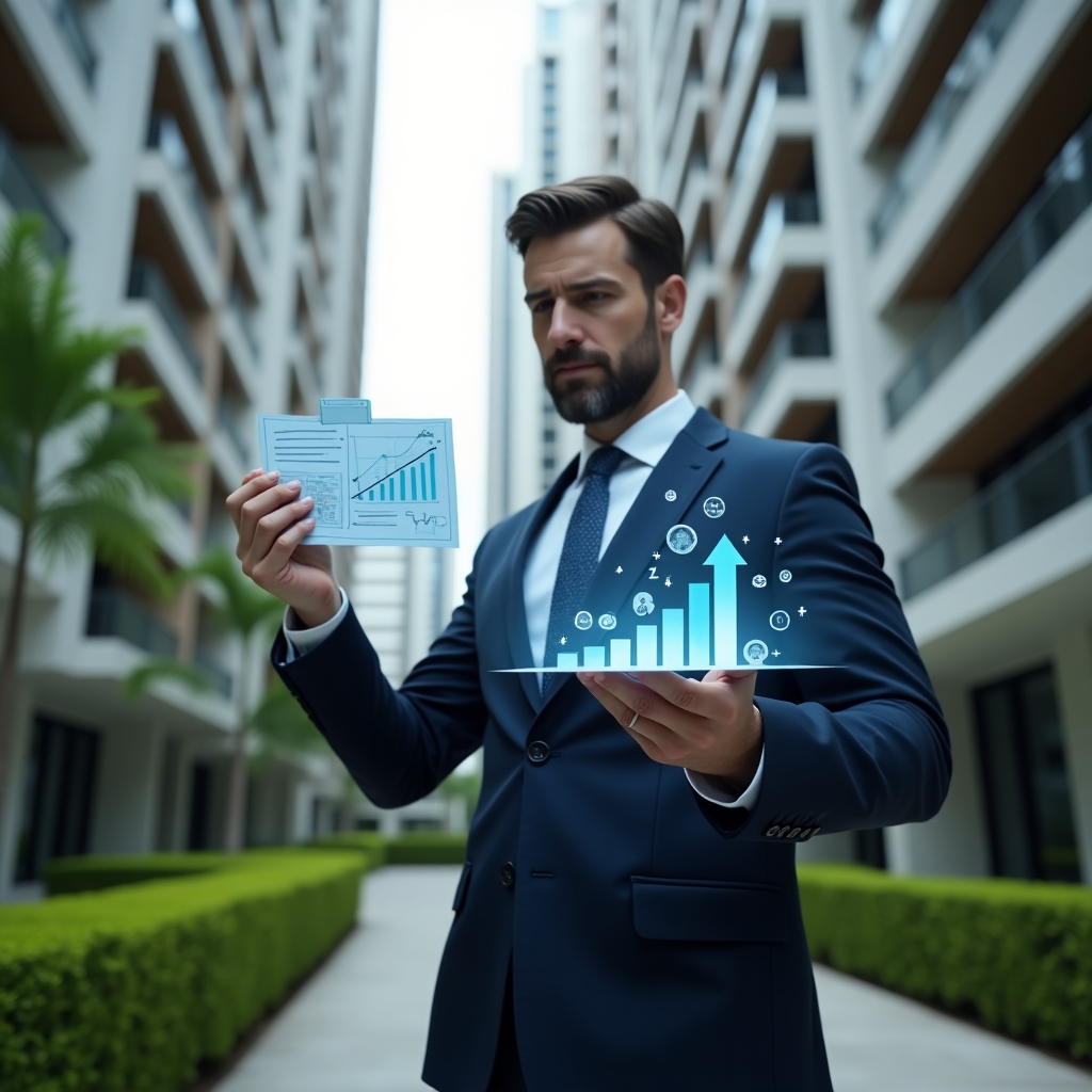 Ultra-realistic condominium manager in a navy executive suit, set in a modern luxury condominium environment with high-rise buildings and manicured green landscaping, standing in a medium shot, confidently examining a floating holographic budget chart with downward-trend arrows and blueprint rolls, subtle icons of tools and cost-savings coins orbiting around, cinematic lighting, shallow depth of field, highly detailed textures, realistic skin, photographic realism, 8k resolution --ar 1:1 --v 6