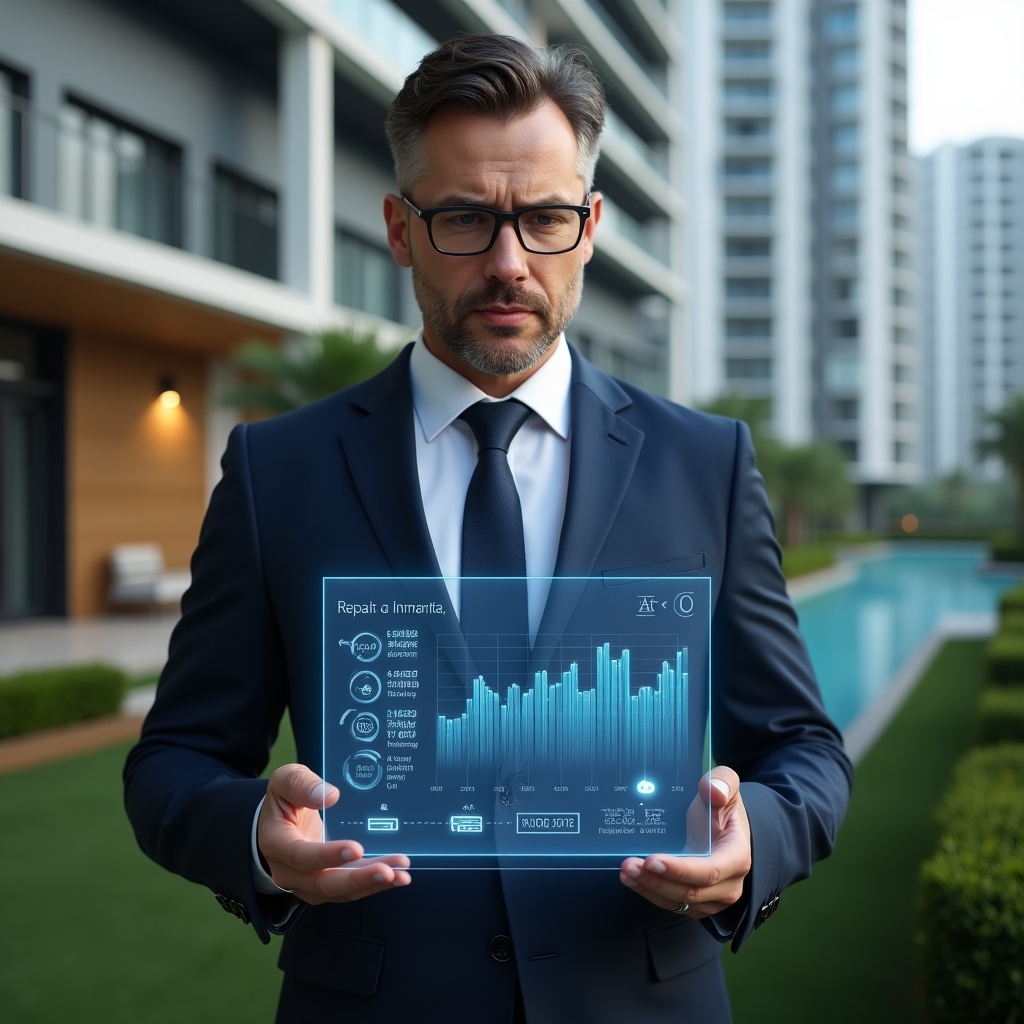 Ultra-realistic condominium manager in a tailored navy suit, set in a modern luxury condominium environment with high-rise buildings and manicured green landscaping, reviewing a holographic financial chart displaying repair icons and cost-saving graphs, confident and focused expression, cinematic lighting, shallow depth of field, highly detailed textures, realistic skin, photographic realism, 8k resolution --ar 1:1 --v 6