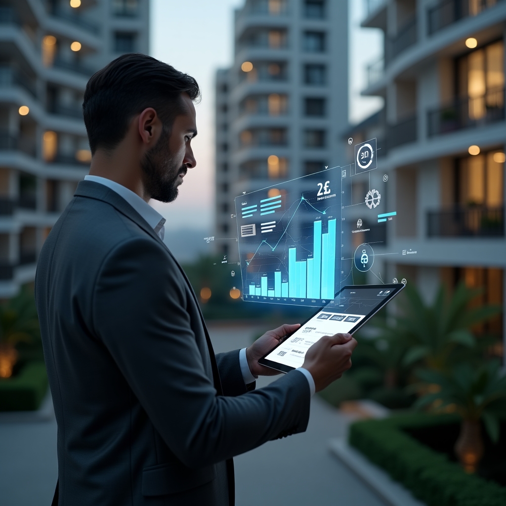 Ultra-realistic condominium manager in a charcoal gray suit, set in a modern luxury condominium environment with high-rise buildings and manicured gardens, holding a tablet projecting a holographic cost-saving budget graph, analyzing data with a confident expression, floating financial icons and gear symbols surrounding the screen, cinematic lighting, shallow depth of field, highly detailed textures, realistic skin, photographic realism, 8k resolution --ar 1:1 --v 6