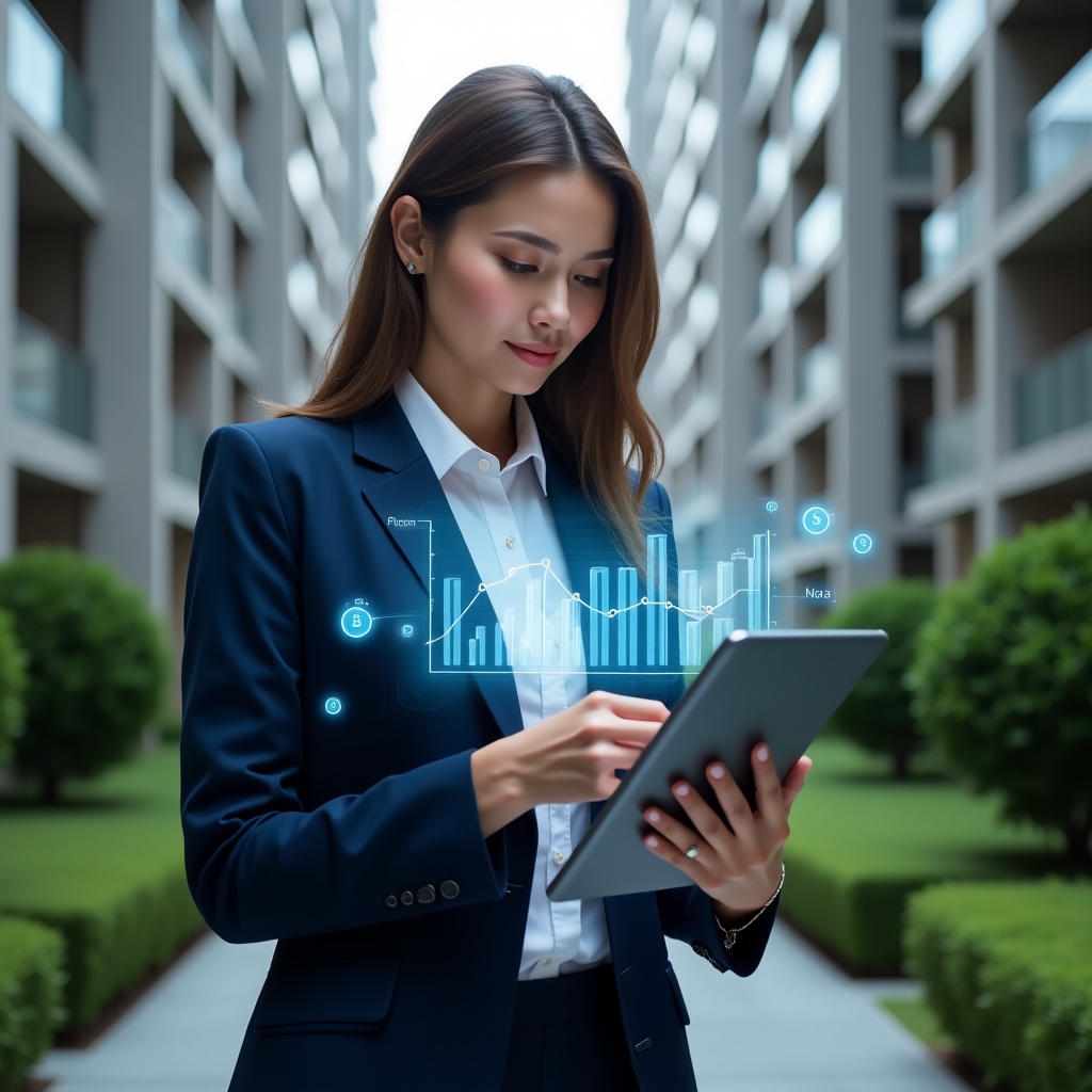 (Ultra-realistic condominium manager in a navy blue executive suit, set in a modern luxury condominium environment with high-rise buildings and manicured green landscaping, analyzing a holographic cost-saving chart emerging from a sleek digital tablet, floating blueprint icons and stylized coin symbols around her, confident and focused expression, cinematic lighting, shallow depth of field, highly detailed textures, realistic skin, photographic realism, 8k resolution --ar 1:1 --v 6)