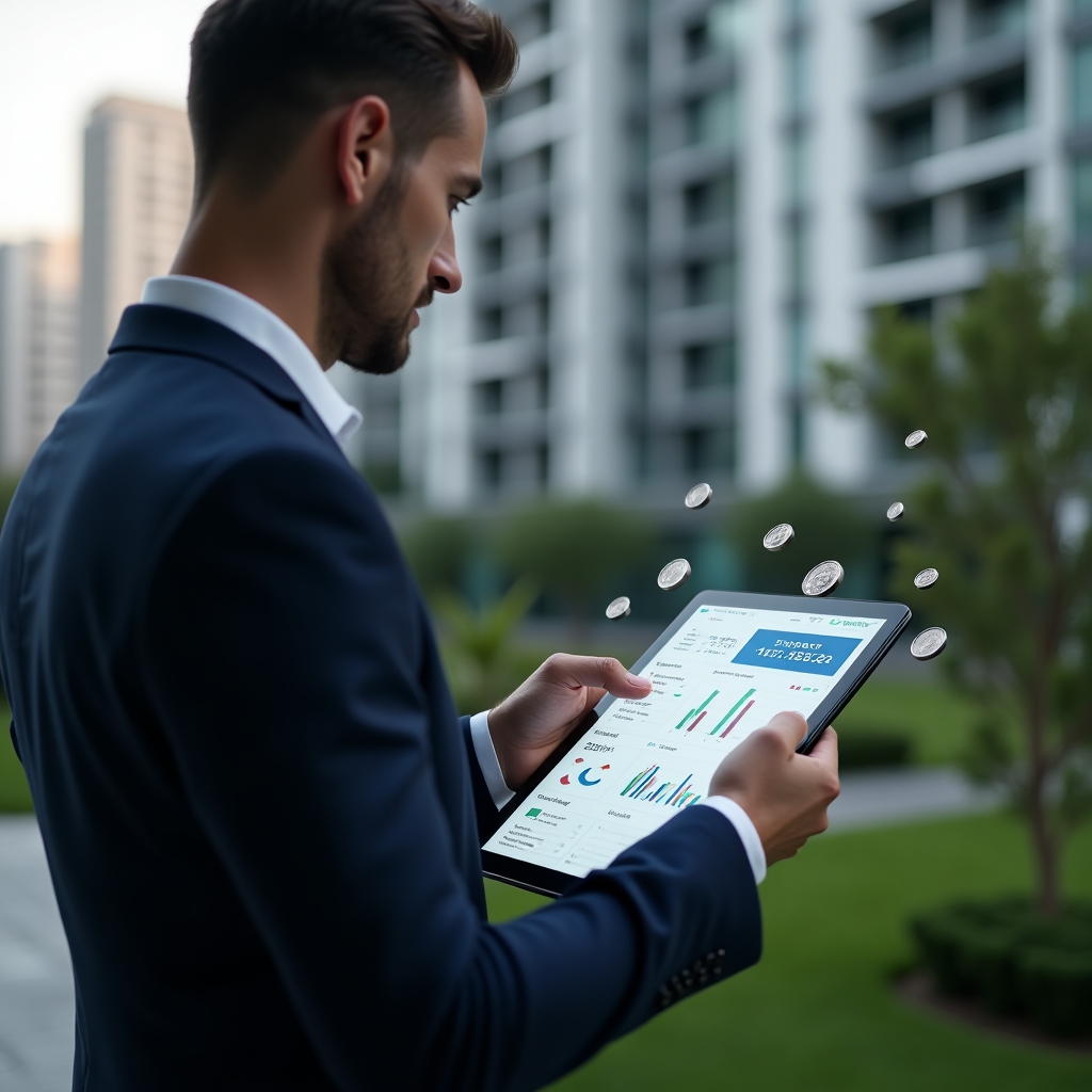 Ultra-realistic condominium manager in a navy suit, set in a modern luxury condominium environment with high-rise buildings and manicured green landscaping, holding a tablet displaying a holographic budgeting dashboard, confidently analyzing expense charts, small floating icons of coins and graphs around them, cinematic lighting, shallow depth of field, highly detailed textures, realistic skin, photographic realism, 8k resolution --ar 1:1 --v 6
