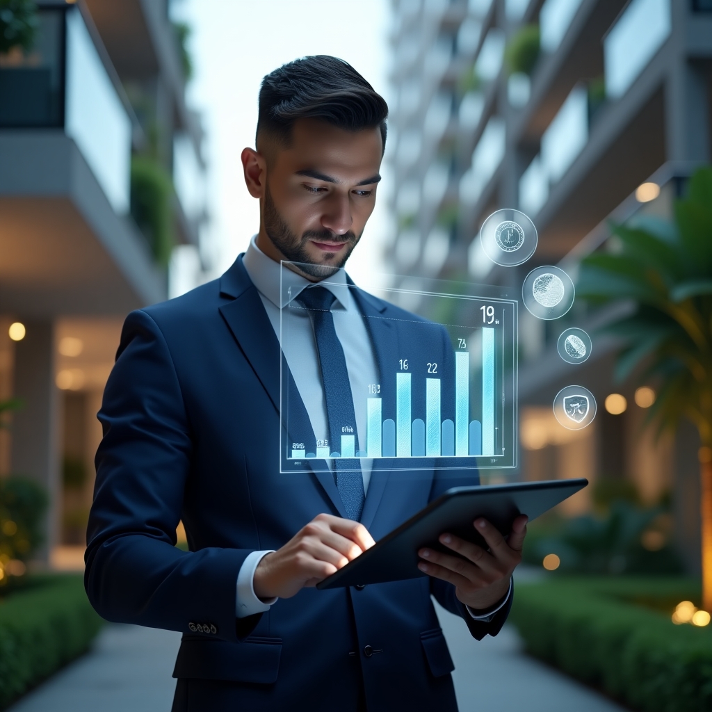 Ultra-realistic condominium manager in a navy blue executive suit, set in a modern luxury condominium environment with high-rise buildings and lush green landscaping, confidently analyzing a holographic budget chart projected above a digital tablet, floating icons of coins, repair tools and shield symbolizing cost savings, cinematic lighting, shallow depth of field, highly detailed textures, realistic skin, photographic realism, 8k resolution --ar 1:1 --v 6