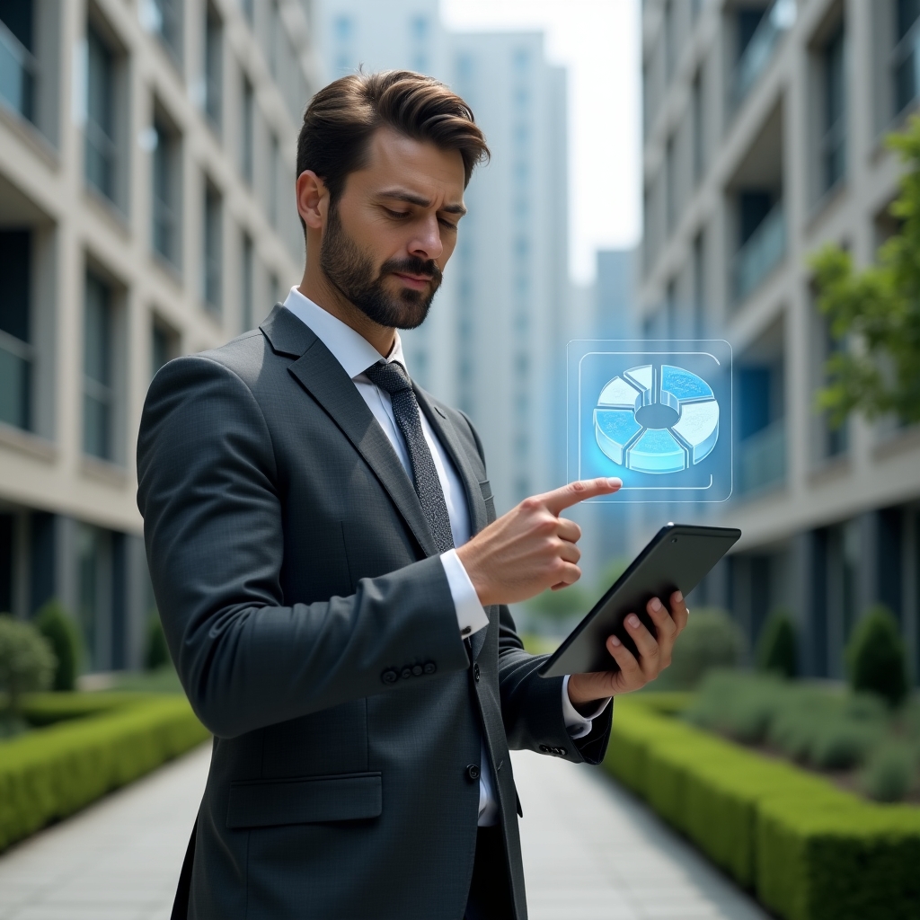 (Ultra-realistic condominium manager in a charcoal gray suit, set in a modern luxury condominium environment with high-rise buildings and manicured green landscaping, holding a digital tablet displaying holographic financial charts, pointing confidently at a floating pie chart symbolizing cost savings, cinematic lighting, shallow depth of field, highly detailed textures, realistic skin, photographic realism, 8k resolution --ar 1:1 --v 6)