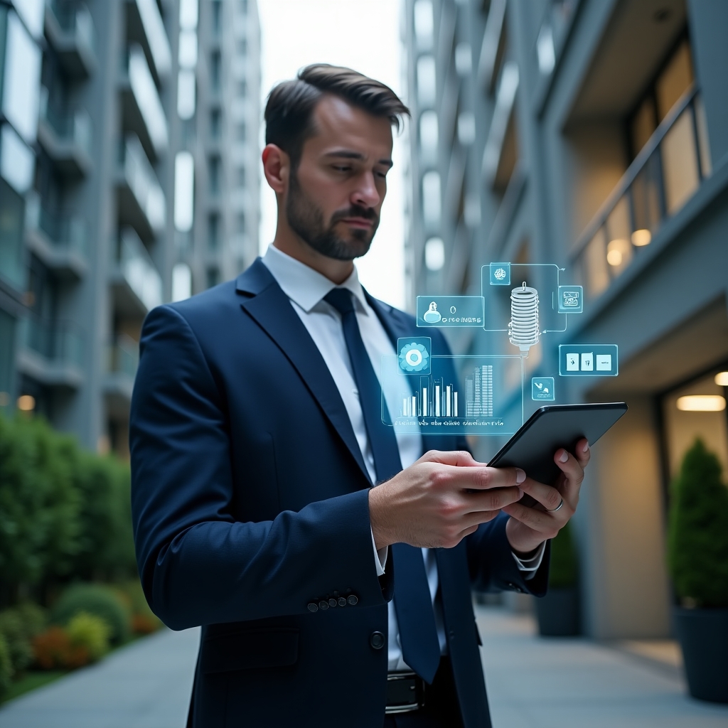 (Ultra-realistic condominium manager in a navy blue executive suit, set in a modern luxury condominium environment with high-rise buildings and green landscaping, holding a holographic tablet displaying cost-saving charts and icons of LED bulbs, water droplets, and coin stacks, thoughtfully analyzing budget data, surrounded by subtle floating holograms of contracts and energy meters, cinematic lighting, shallow depth of field, highly detailed textures, realistic skin, photographic realism, 8k resolution --ar 1:1 --v 6)