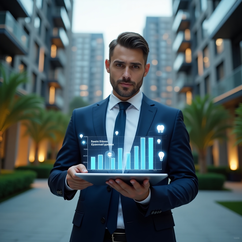 Ultra-realistic condominium manager in a navy blue tailored suit, set in a modern luxury condominium environment with high-rise buildings and lush green landscaping, holding a digital tablet displaying a holographic bar chart of reduced expenses, confident and focused expression, floating holographic icons of LED bulbs, maintenance tools and currency symbols, cinematic lighting, shallow depth of field, highly detailed textures, realistic skin, photographic realism, 8k resolution --ar 1:1 --v 6