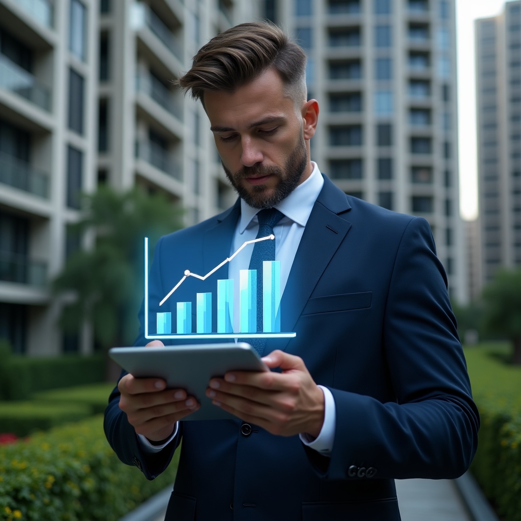 (Ultra-realistic condominium manager in a dark blue suit, set in a modern luxury condominium environment with high-rise buildings and meticulously manicured greenery, reviewing a holographic financial chart hovering above a tablet, a glowing budget graph icon symbolizing expense reduction, confident and focused expression, cinematic lighting, shallow depth of field, highly detailed textures, realistic skin, photographic realism, 8k resolution --ar 1:1 --v 6)