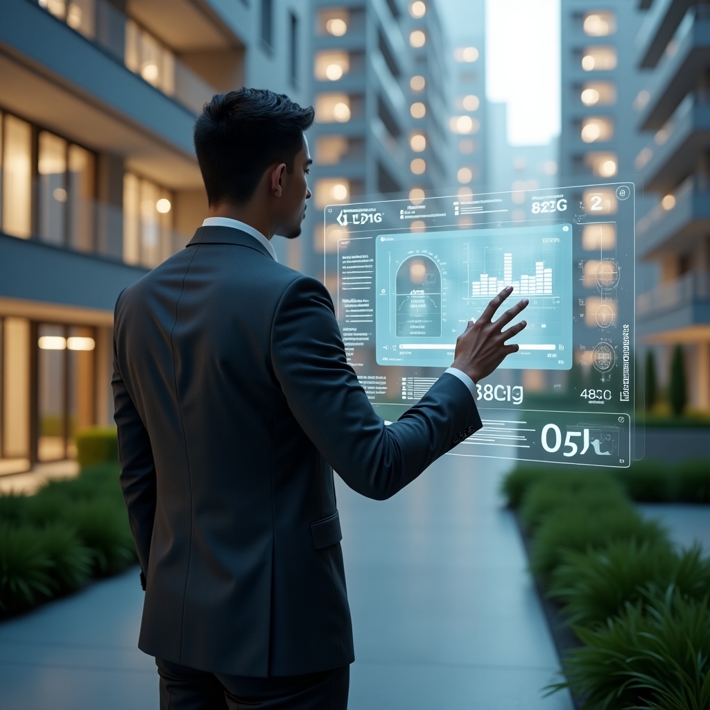 (Ultra-realistic condominium manager in a dark gray business suit, set in a modern luxury condominium environment with high-rise buildings and lush green landscaping, interacting with a holographic digital dashboard displaying app icons and performance graphs, confidently analyzing data related to building management, cinematic lighting, shallow depth of field, highly detailed textures, realistic skin, photographic realism, 8k resolution --ar 1:1 --v 6)