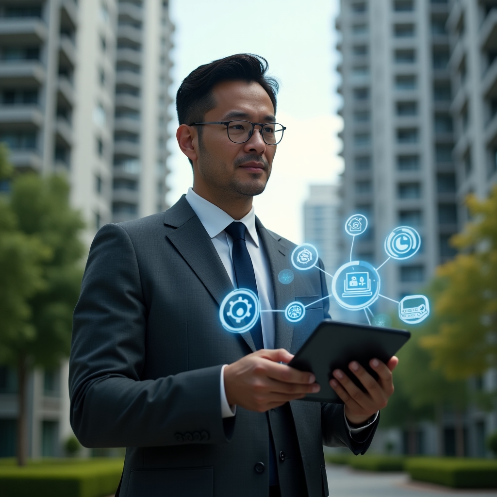 (Ultra-realistic condominium manager in a dark gray executive suit, set in a modern luxury condominium environment with high-rise buildings and manicured green landscaping, mid-shot holding a tablet displaying floating holographic icons for digital notices, financial reports, booking scheduler, maintenance tickets and access control, confident and focused expression, cinematic lighting, shallow depth of field, highly detailed textures, realistic skin, photographic realism, 8k resolution --ar 1:1 --v 6)
