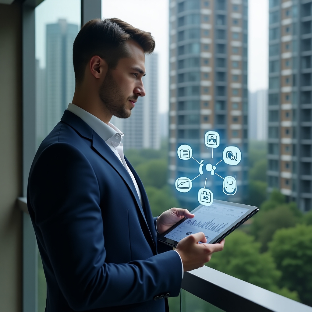 Ultra-realistic condominium manager in a navy blue suit, set in a modern luxury condominium environment with high-rise buildings and green landscaping, holding a tablet displaying floating holographic icons for communication, finances, reservations and security, confidently analyzing data, cinematic lighting, shallow depth of field, highly detailed textures, realistic skin, photographic realism, 8k resolution --ar 1:1 --v 6