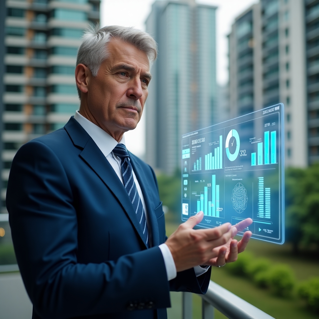 (Ultra-realistic condominium manager in a navy suit, set in a modern luxury condominium environment with high-rise buildings and lush green landscaping, holding a transparent holographic dashboard displaying bar graphs, pie charts and performance indicators, analyzing data with a thoughtful yet confident expression, floating data icons and metric symbols around, cinematic lighting, shallow depth of field, highly detailed textures, realistic skin, photographic realism, 8k resolution --ar 1:1 --v 6)