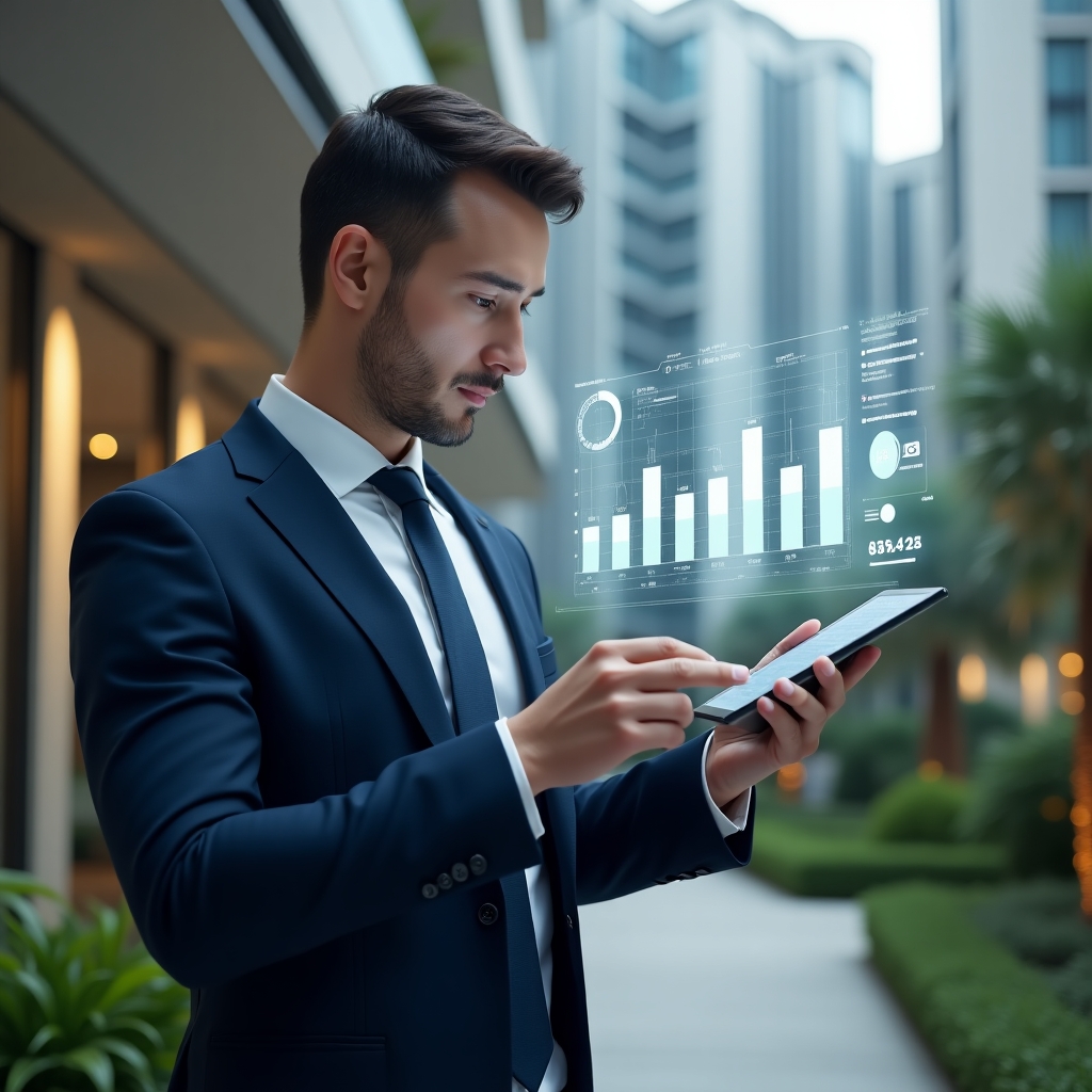 (Ultra-realistic condominium manager in a tailored navy-blue suit, set in a modern luxury condominium environment with high-rise buildings and meticulously landscaped gardens, reviewing a holographic financial dashboard with floating expense icons and budget graphs, thoughtful and confident expression, cinematic lighting, shallow depth of field, highly detailed textures, realistic skin, photographic realism, 8k resolution --ar 1:1 --v 6)