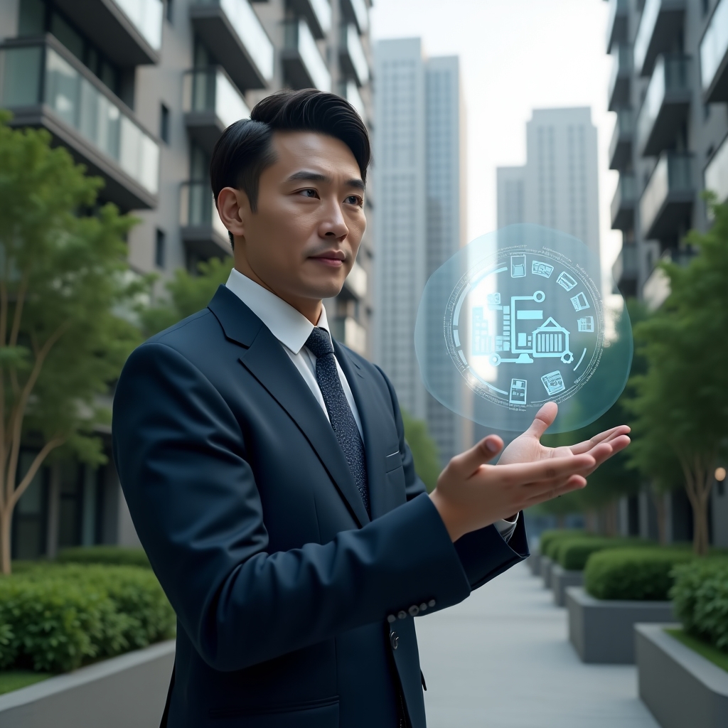 (Ultra-realistic condominium manager in a navy suit, set in a modern luxury condominium environment with high-rise buildings and lush green landscaping, interacting with a floating holographic dashboard displaying icons for communication, maintenance and security, confident expression, cinematic lighting, shallow depth of field, highly detailed textures, realistic skin, photographic realism, 8k resolution --ar 1:1 --v 6)