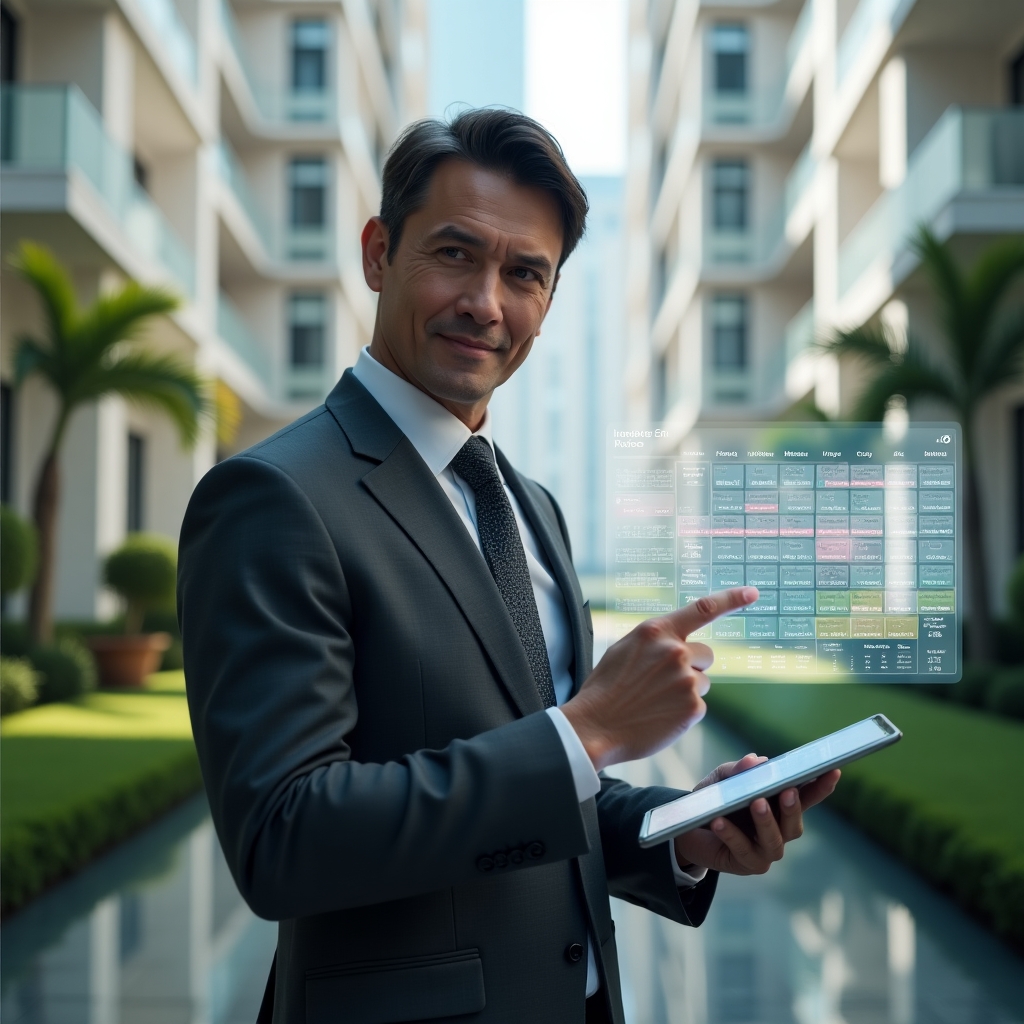 Ultra-realistic condominium manager in a tailored charcoal gray suit, set in a modern luxury condominium environment with high-rise buildings and manicured green landscaping, holding a tablet and pointing at a floating holographic calendar with color-coded maintenance and event blocks, conveying confidence and focus, cinematic lighting, shallow depth of field, highly detailed textures, realistic skin, photographic realism, 8k resolution --ar 1:1 --v 6