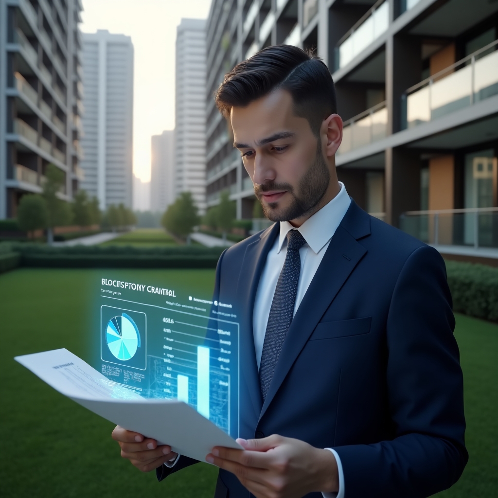 (Ultra-realistic condominium manager in a tailored navy suit, set in a modern luxury condominium environment with high-rise buildings and manicured green landscaping, examining holographic financial reports with glowing pie and bar charts floating before them, confident and focused expression, cinematic lighting, shallow depth of field, highly detailed textures, realistic skin, photographic realism, 8k resolution --ar 1:1 --v 6)