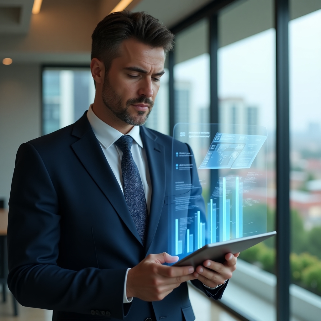 Ultra-realistic condominium manager in a tailored navy blue suit, set in a modern luxury condominium environment with high-rise buildings and meticulously landscaped gardens, standing in a sleek glass-walled office, confidently reviewing a holographic financial report with floating digital documents and bar charts symbolizing transparent accounting, cinematic lighting, shallow depth of field, highly detailed textures, realistic skin, photographic realism, 8k resolution --ar 1:1 --v 6