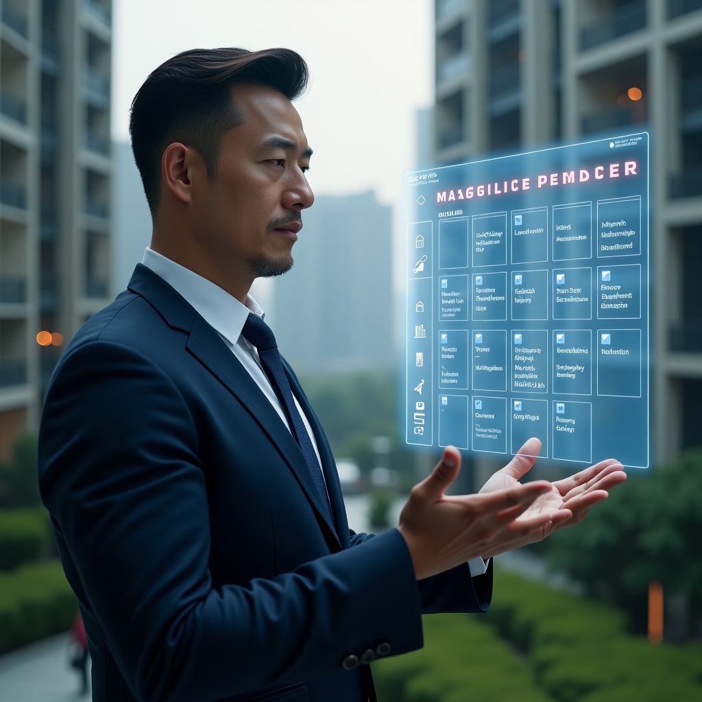 (Ultra-realistic condominium manager in a dark blue executive suit, set in a modern luxury condominium environment with high-rise buildings and lush green landscaping, reviewing a floating holographic calendar of scheduled tasks with check marks and icons for maintenance, cleaning, and administrative alerts, confident and focused expression, cinematic lighting, shallow depth of field, highly detailed textures, realistic skin, photographic realism, 8k resolution --ar 1:1 --v 6)