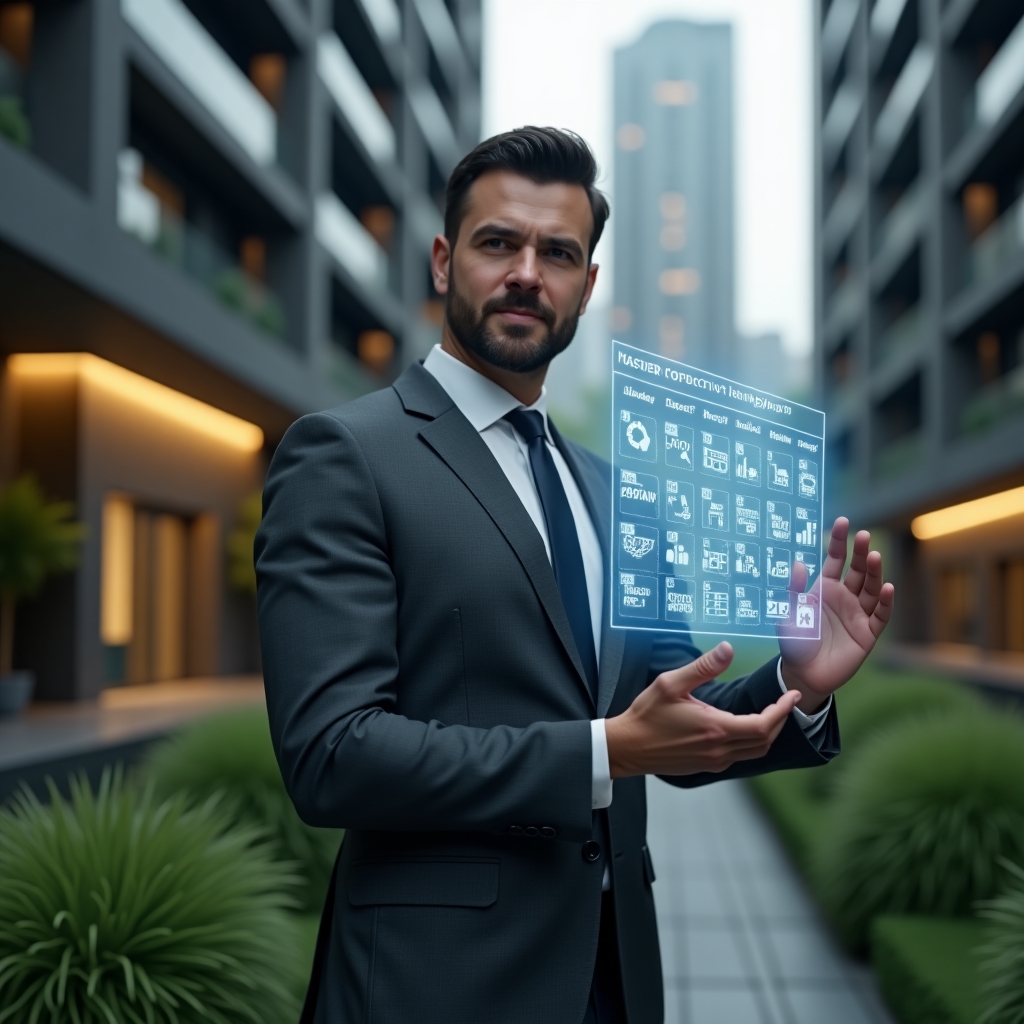 Ultra-realistic condominium manager in a charcoal gray executive suit, standing in a modern luxury condominium environment with high-rise buildings and manicured green landscaping, confidently interacting with a floating holographic activity calendar, accompanied by semi-transparent gear and checklist icons symbolizing maintenance scheduling, cinematic lighting, shallow depth of field, highly detailed textures, realistic skin, photographic realism, 8k resolution --ar 1:1 --v 6