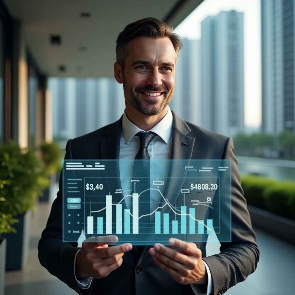 (Ultra-realistic condominium manager in a charcoal gray suit, set in a modern luxury condominium environment with high-rise buildings and lush green landscaping, holding a transparent holographic dashboard displaying consolidated ordinary and extraordinary expense charts, analyzing data with a confident expression, floating digital icons of bills and graphs around the figure, cinematic lighting, shallow depth of field, highly detailed textures, realistic skin, photographic realism, 8k resolution --ar 1:1 --v 6)