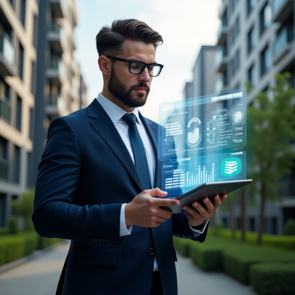 (Ultra-realistic condominium manager in a navy executive suit, set in a modern luxury condominium environment with high-rise buildings and meticulously landscaped greenery, mid-shot holding a tablet displaying holographic financial charts and floating invoice icons, confidently analyzing real-time payment dashboards, cinematic lighting, shallow depth of field, highly detailed textures, realistic skin, photographic realism, 8k resolution --ar 1:1 --v 6)