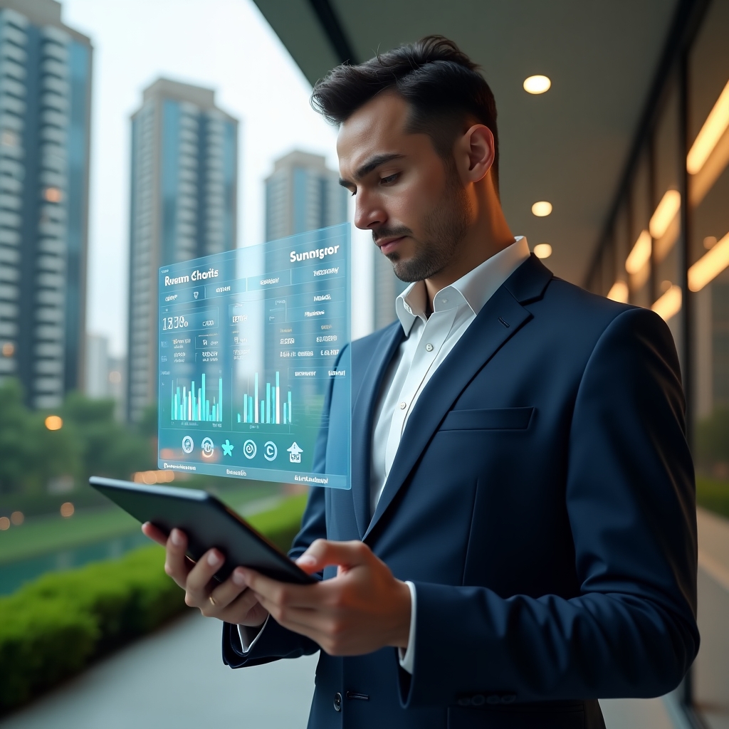 (Ultra-realistic condominium manager in a tailored navy suit, set in a modern luxury condominium environment with high-rise buildings and lush green landscaping, holding a tablet displaying a floating holographic financial dashboard with charts, invoices and currency icons, confidently analyzing data, cinematic lighting, shallow depth of field, highly detailed textures, realistic skin, photographic realism, 8k resolution --ar 1:1 --v 6)