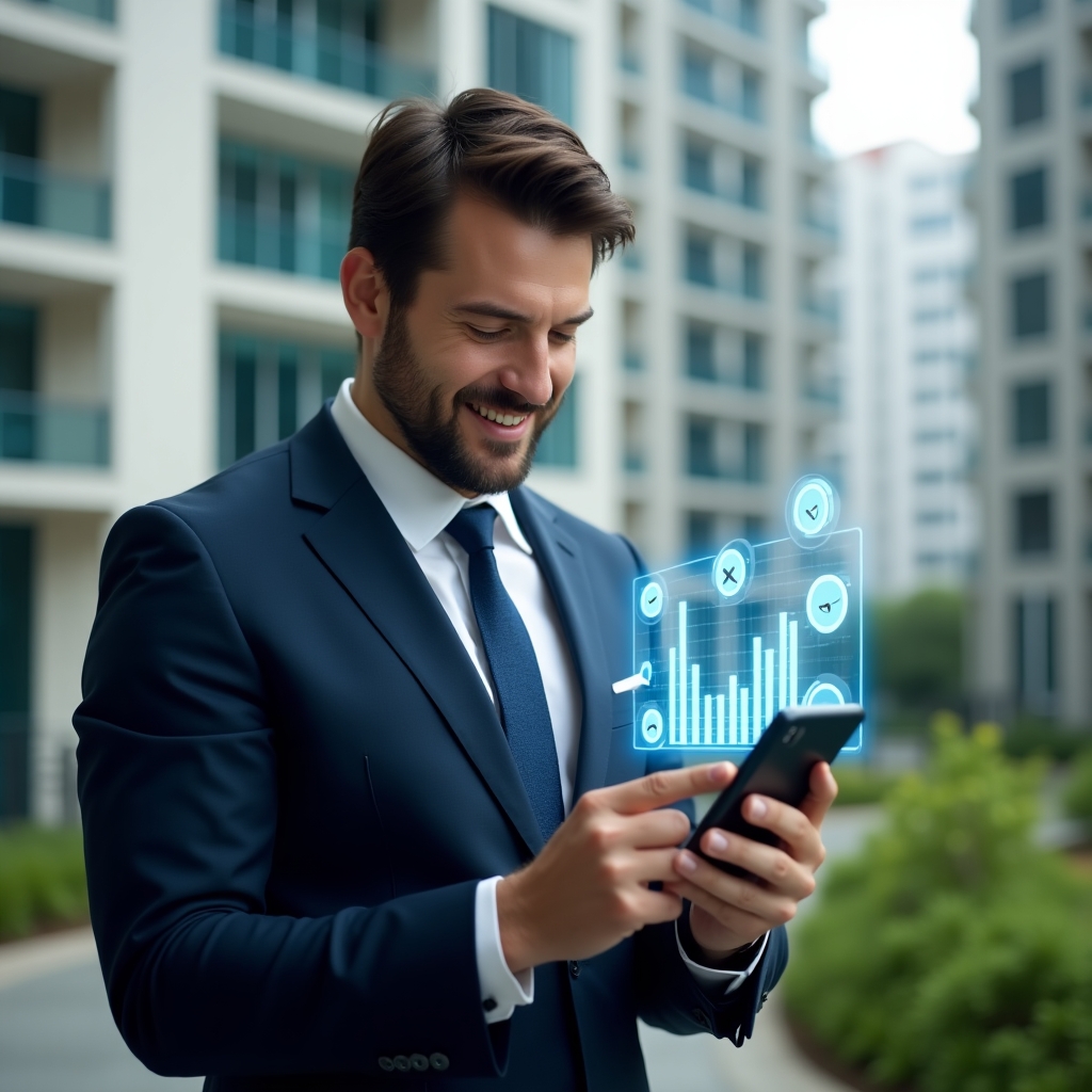 (Ultra-realistic condominium manager professional in a tailored navy suit, set in a modern luxury condominium environment with high-rise buildings and manicured green landscaping, holding a smartphone displaying holographic financial charts and task icons, confidently analyzing data with a slight smile, floating holograms of communication bubbles and checklist symbols around the device, cinematic lighting, shallow depth of field, highly detailed textures, realistic skin, photographic realism, 8k resolution --ar 1:1 --v 6)