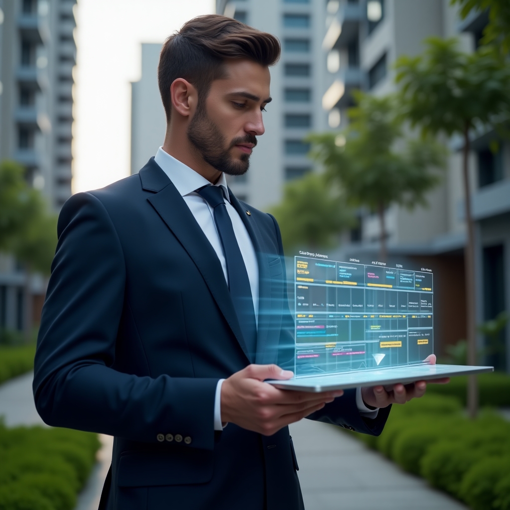 (Ultra-realistic condominium manager in a tailored navy suit, set in a modern luxury condominium environment with high-rise buildings and manicured green landscaping, holding and interacting with a holographic activity schedule timeline displaying colored checkmarks and deadlines, confident expression, cinematic lighting, shallow depth of field, highly detailed textures, realistic skin, photographic realism, 8k resolution --ar 1:1 --v 6)