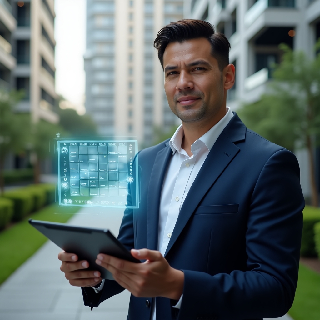 Ultra-realistic condominium manager in a tailored navy suit, set in a modern luxury condominium environment with high-rise buildings and lush green landscaping, holding a digital tablet projecting a holographic activity schedule with calendar icons and gears, confident expression, cinematic lighting, shallow depth of field, highly detailed textures, realistic skin, photographic realism, 8k resolution --ar 1:1 --v 6