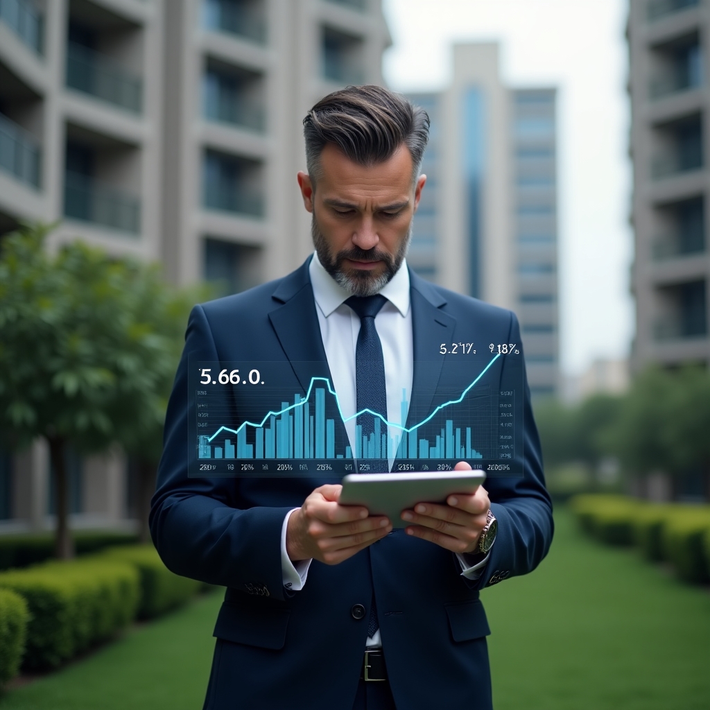 Ultra-realistic condominium manager in a navy tailored suit, set in a modern luxury condominium environment with high-rise buildings and lush green landscaping, reviewing holographic financial charts on a transparent tablet with a confident, focused expression, floating expense and revenue graphs around them, cinematic lighting, shallow depth of field, highly detailed textures, realistic skin, photographic realism, 8k resolution --ar 1:1 --v 6