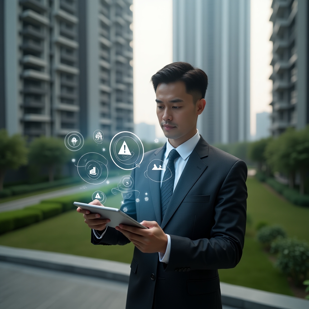 Ultra-realistic condominium manager in an elegant dark gray suit, set in a modern luxury condominium environment with high-rise buildings and meticulously landscaped green areas, holding a tablet displaying holographic app icons and warning symbols as if analyzing potential errors in a management app, thoughtful expression, symbolic floating error alerts and data charts, cinematic lighting, shallow depth of field, highly detailed textures, realistic skin, photographic realism, 8k resolution --ar 1:1 --v 6