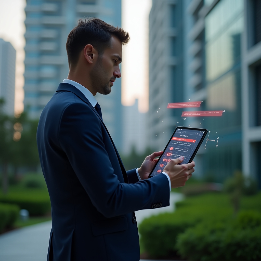 Ultra-realistic condo manager in a dark blue suit, set in a modern luxury condominium environment with high-rise buildings and manicured green landscaping, holding a holographic tablet displaying a condo management app interface marked with red warning icons, thoughtfully analyzing data to avoid common implementation mistakes, cinematic lighting, shallow depth of field, highly detailed textures, realistic skin, photographic realism, 8k resolution --ar 1:1 --v 6