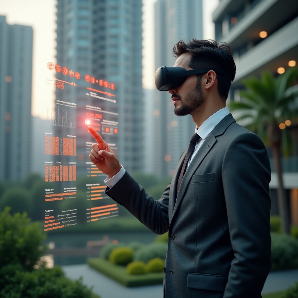 (Ultra-realistic condominium manager in a charcoal gray executive suit, set in a modern luxury condominium environment with high-rise buildings and manicured green landscaping, examining a holographic financial dashboard with red warning icons and budget charts, pointing thoughtfully at a flashing error symbol, cinematic lighting, shallow depth of field, highly detailed textures, realistic skin, photographic realism, 8k resolution --ar 1:1 --v 6)