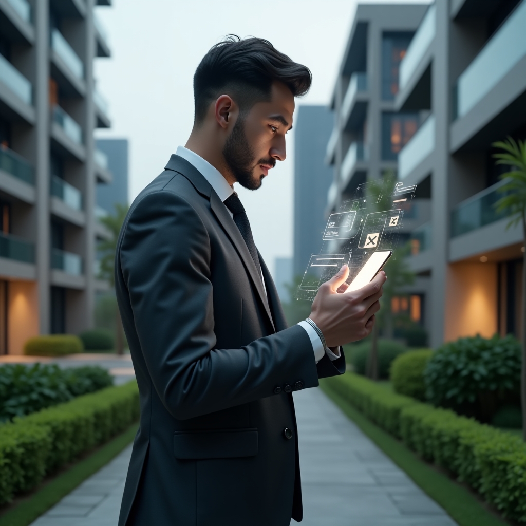 Ultra-realistic condominium manager in a charcoal gray suit, set in a modern luxury condominium environment with high-rise buildings and manicured green landscaping, holding a glowing holographic smartphone interface displaying warning icons and checklists, focused and analytical expression, holographic error symbols floating around, cinematic lighting, shallow depth of field, highly detailed textures, realistic skin, photographic realism, 8k resolution --ar 1:1 --v 6