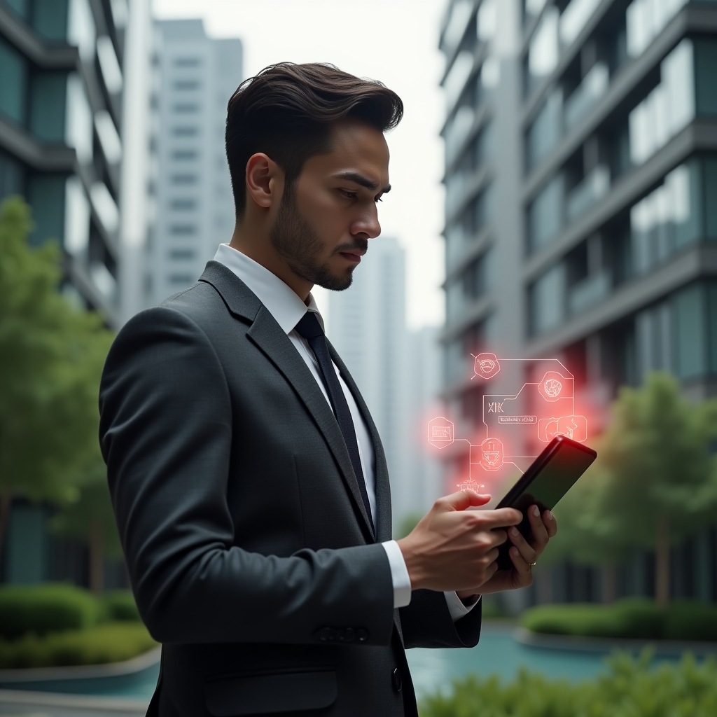 (Ultra-realistic condominium manager in a charcoal gray executive suit, set in a modern luxury condominium environment with high-rise buildings and meticulously landscaped gardens, mid-shot close-up of the manager holding a digital tablet and studying floating red warning icons and holographic UI elements representing app errors, expression serious and focused, cinematic lighting, shallow depth of field, highly detailed textures, realistic skin, photographic realism, 8k resolution --ar 1:1 --v 6)