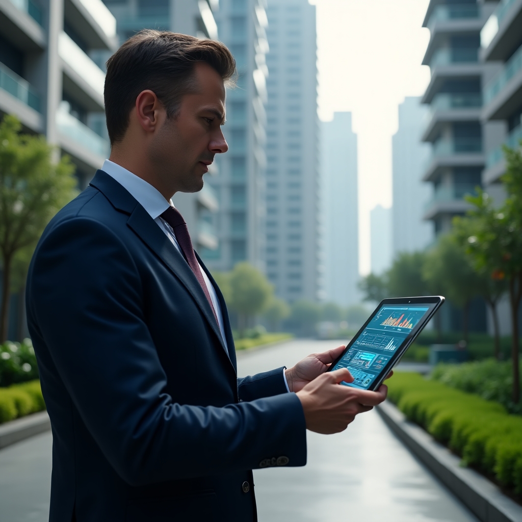 Ultra-realistic condominium manager in a tailored navy suit, set in a modern luxury condominium environment with high-rise buildings and manicured green landscaping, medium shot of the manager holding a tablet projecting a holographic dashboard of alerts, checklists and financial charts, focused and thoughtful expression, cinematic lighting, shallow depth of field, highly detailed textures, realistic skin, photographic realism, 8k resolution --ar 1:1 --v 6