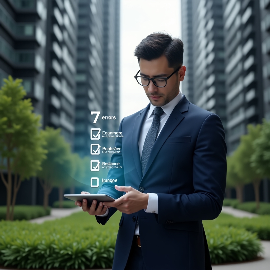 Ultra-realistic condominium manager in a tailored dark blue suit, set in a modern luxury condominium environment with high-rise buildings and manicured green landscaping, holding a tablet displaying a floating holographic checklist of “7 errors,” studying it thoughtfully with a confident expression, subtle icons of financial reports and communication alerts hovering around, cinematic lighting, shallow depth of field, highly detailed textures, realistic skin, photographic realism, 8k resolution --ar 1:1 --v 6