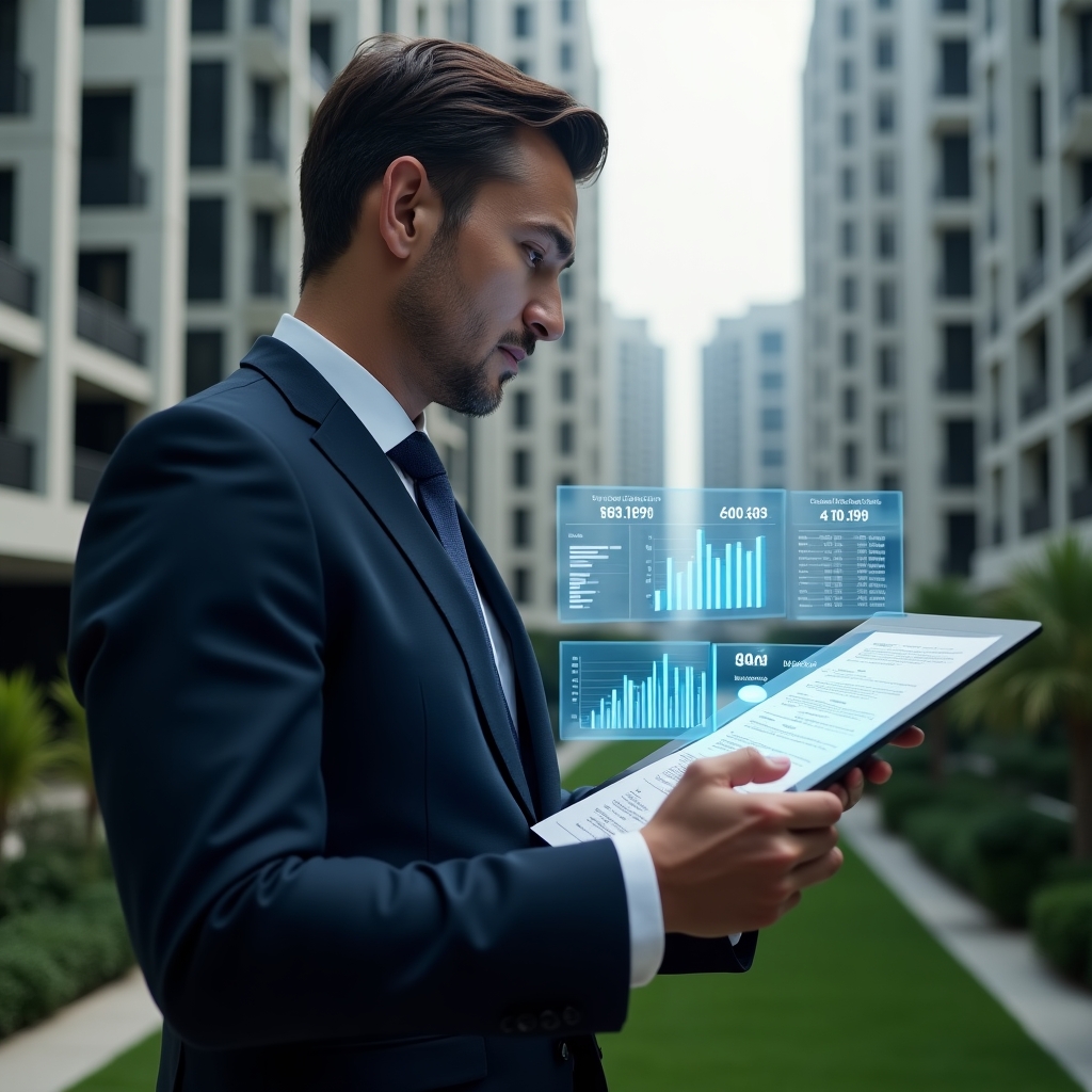 Ultra-realistic condominium manager in a tailored dark navy suit, set in a modern luxury condominium environment with high-rise buildings and manicured green landscaping, mid-shot close-up of a confident professional reviewing digital financial reports with semi-transparent holographic charts and icons floating before them, cinematic lighting, shallow depth of field, highly detailed textures, realistic skin, photographic realism, 8k resolution --ar 1:1 --v 6