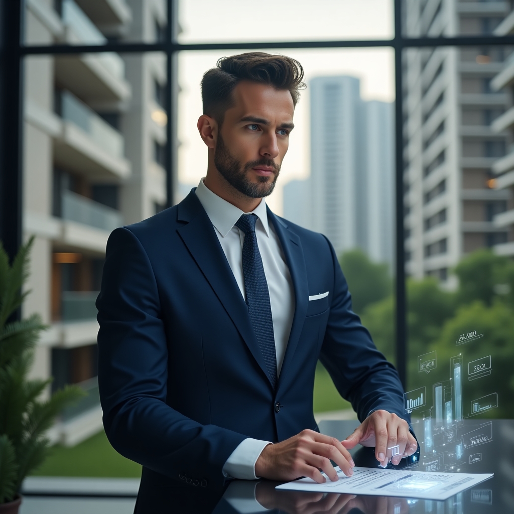 (Ultra-realistic condominium manager in a tailored navy blue suit, set in a modern luxury condominium environment with high-rise buildings and manicured green landscaping, standing at a sleek reception desk reviewing holographic financial reports and floating icons of charts and ledgers, expression focused and confident, cinematic lighting, shallow depth of field, highly detailed textures, realistic skin, photographic realism, 8k resolution --ar 1:1 --v 6)