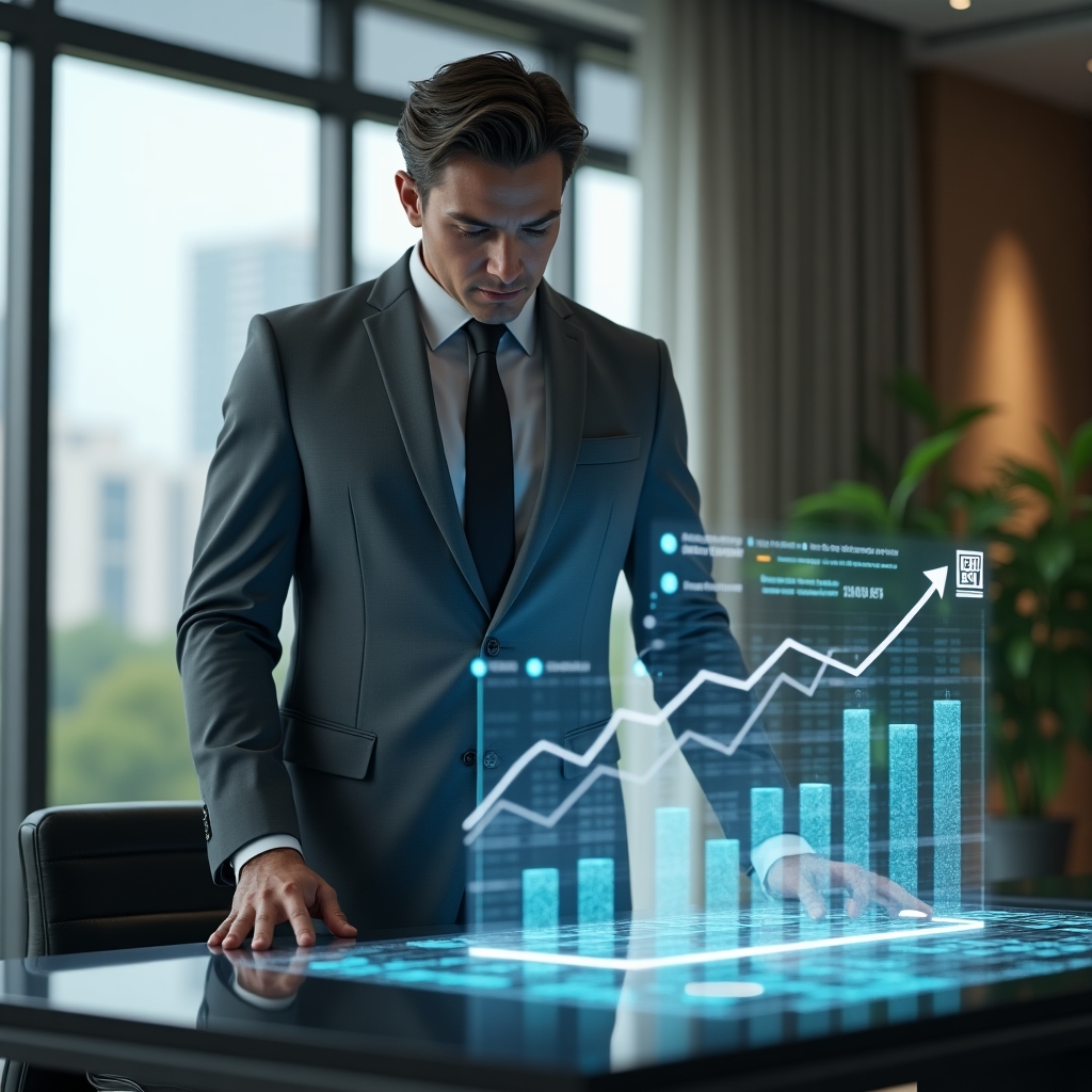 Ultra-realistic condominium manager in a charcoal gray suit, set in a modern luxury condominium environment with high-rise buildings and lush green landscaping, mid shot analyzing a holographic financial report hovering above a sleek conference table, surrounded by translucent warning icons and upward/downward financial graphs, thoughtful and confident expression, cinematic lighting, shallow depth of field, highly detailed textures, realistic skin, photographic realism, 8k resolution --ar 1:1 --v 6