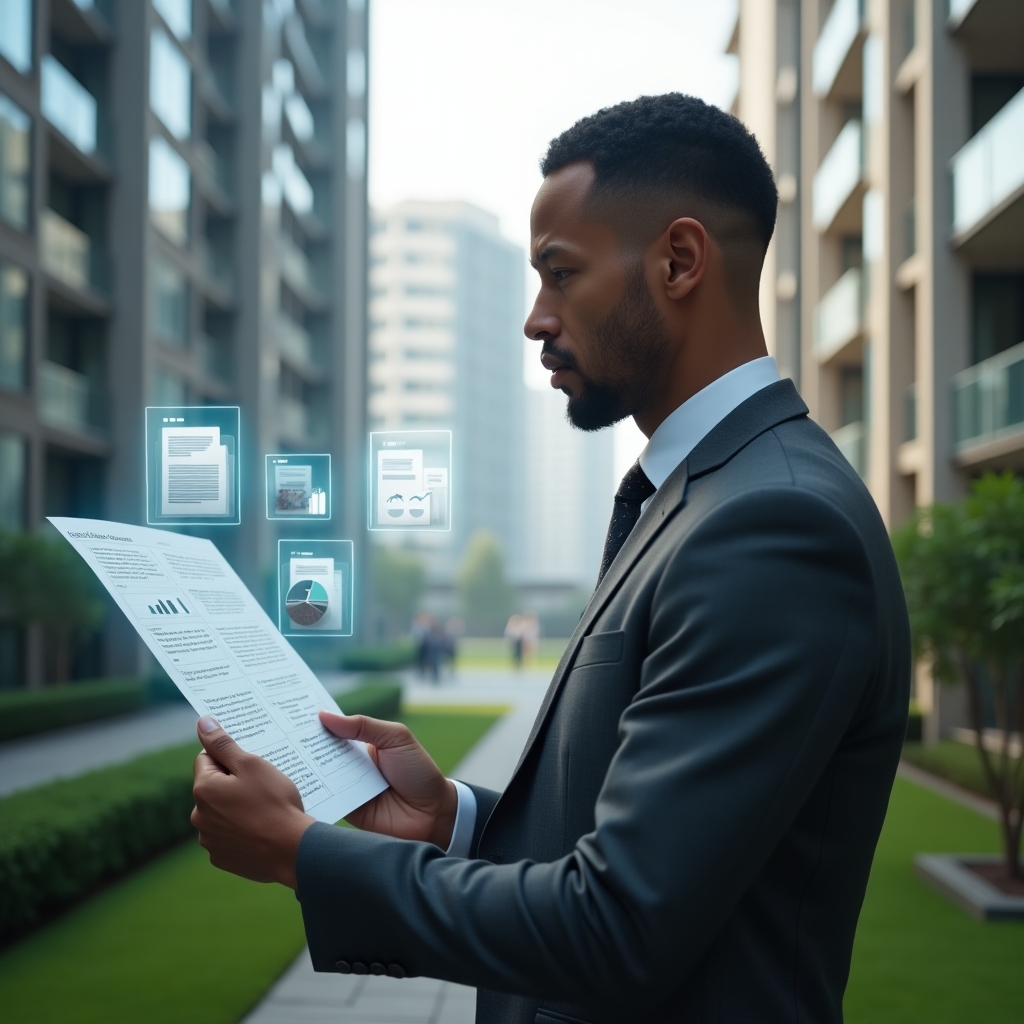 (Ultra-realistic condominium manager in a charcoal gray executive suit, set in a modern luxury condominium environment with high-rise buildings and manicured green landscaping, examining floating holographic financial reports with a focused expression, translucent icons of invoices and balance sheets surrounding them, cinematic lighting, shallow depth of field, highly detailed textures, realistic skin, photographic realism, 8k resolution --ar 1:1 --v 6)