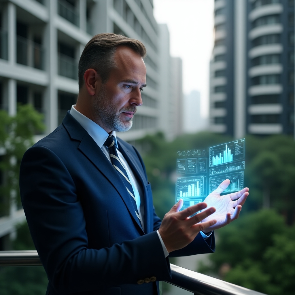 (Ultra-realistic condominium manager in a dark blue tailored suit, set in a modern luxury condominium environment with high-rise buildings and lush green landscaping, reviewing a holographic financial report with floating charts and spreadsheets, serious and focused expression, cinematic lighting, shallow depth of field, highly detailed textures, realistic skin, photographic realism, 8k resolution --ar 1:1 --v 6)