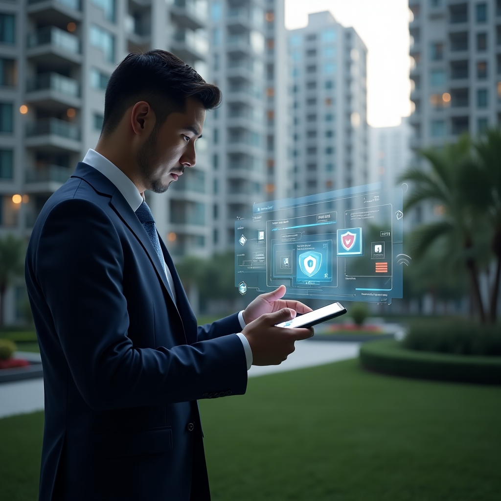 Ultra-realistic condominium manager in a tailored navy suit, set in a modern luxury condominium environment with high-rise buildings and manicured greenery, examining a floating holographic smartphone interface displaying alerts and data analytics, surrounded by semi-transparent icons of security shields and efficiency gears, cinematic lighting, shallow depth of field, highly detailed textures, realistic skin, photographic realism, 8k resolution --ar 1:1 --v 6