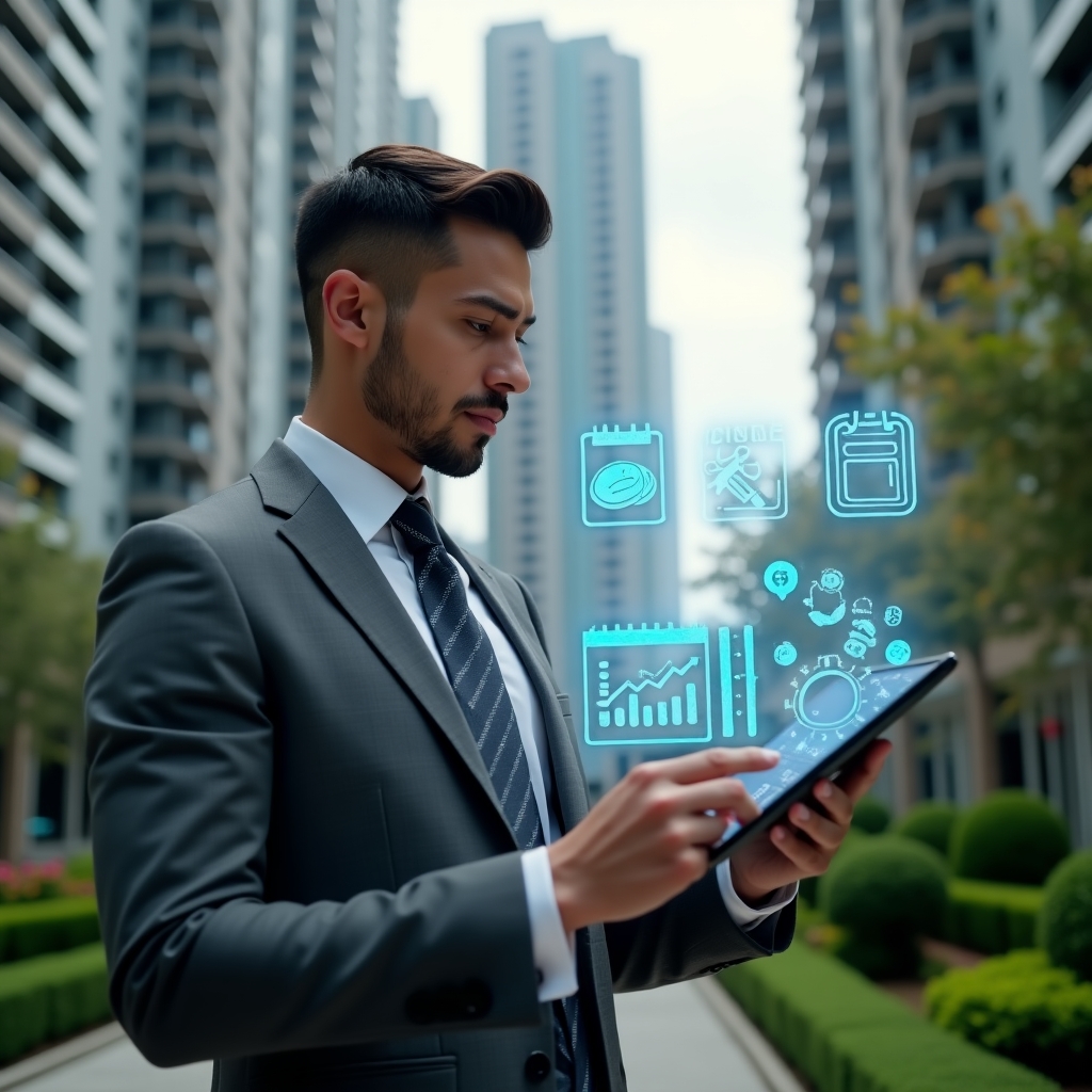 Ultra-realistic condominium manager in a charcoal gray suit, set in a modern luxury condominium environment with high-rise buildings and manicured green landscaping, mid-shot close-up reviewing a holographic budget dashboard projected from a tablet, floating icons of coins, calendar and construction tools symbolizing expense control, expression focused and confident, cinematic lighting, shallow depth of field, highly detailed textures, realistic skin, photographic realism, 8k resolution --ar 1:1 --v 6