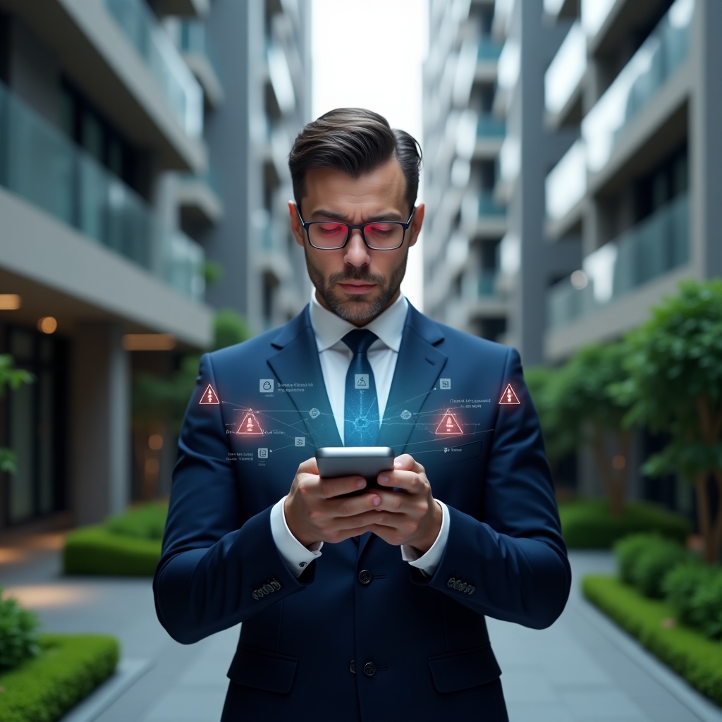 (Ultra-realistic condominium manager in a dark blue executive suit, set in a modern luxury condominium environment with high-rise buildings and manicured green landscaping, holding and analyzing a holographic smartphone interface displaying warning icons and app dashboards, floating app icons and red warning symbols around, expression focused and concerned, cinematic lighting, shallow depth of field, highly detailed textures, realistic skin, photographic realism, 8k resolution --ar 1:1 --v 6)