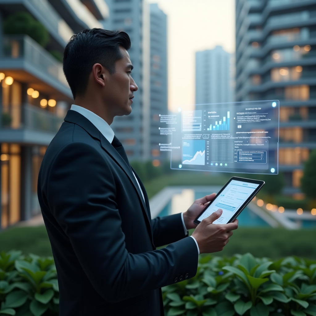 (Ultra-realistic condominium manager in a dark charcoal suit, set in a modern luxury condominium environment with high-rise buildings and lush green landscaping, examining a floating holographic interface displaying financial graphs, chat bubbles, and security icons, confident expression, cinematic lighting, shallow depth of field, highly detailed textures, realistic skin, photographic realism, 8k resolution --ar 1:1 --v 6)