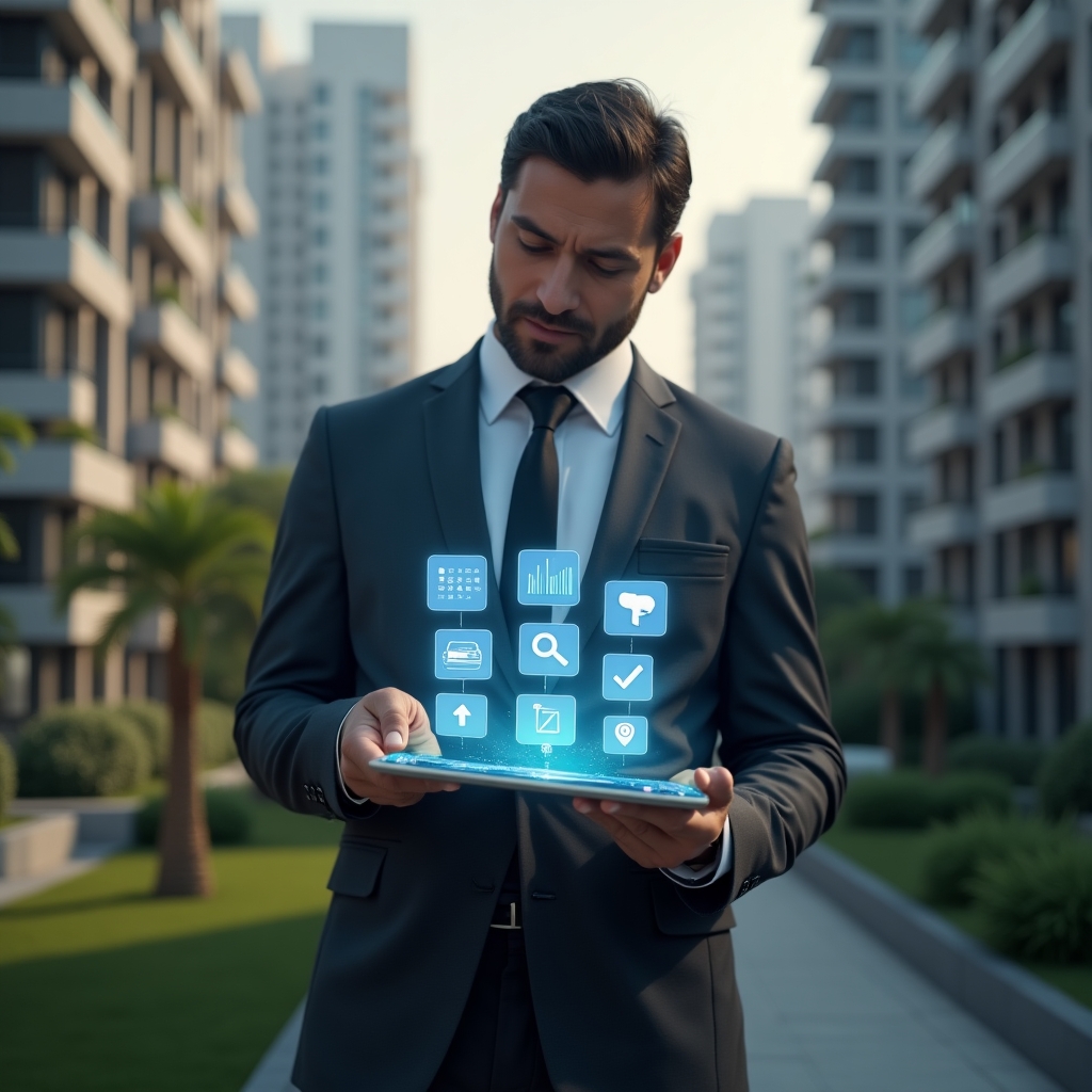 Ultra-realistic property manager in a charcoal suit, set in a modern luxury condominium environment with high-rise buildings and manicured greenery, holding a tablet displaying a holographic interface of seven app feature icons (calendar, finance chart, chat bubble, maintenance wrench, reservation book, analytics dashboard, access control), confidently analyzing the data, cinematic lighting, shallow depth of field, highly detailed textures, realistic skin, photographic realism, 8k resolution --ar 1:1 --v 6