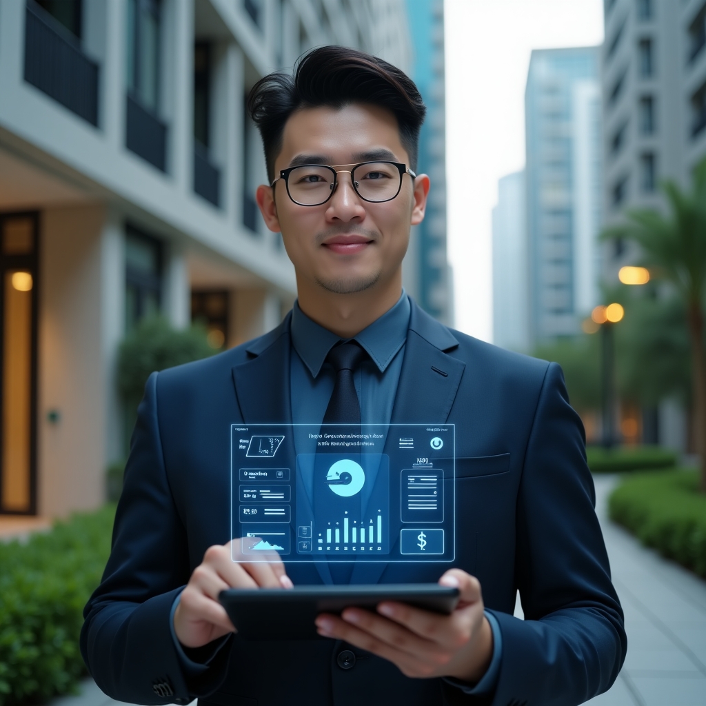 (Ultra-realistic condominium manager in a dark blue suit, set in a modern luxury condominium environment with high-rise buildings and green landscaping, holding a tablet with a holographic dashboard displaying financial charts, reservation icons and chat bubbles, confident and focused expression, cinematic lighting, shallow depth of field, highly detailed textures, realistic skin, photographic realism, 8k resolution --ar 1:1 --v 6)