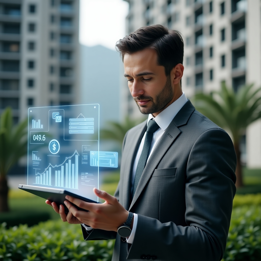 (Ultra-realistic condominium manager in a charcoal grey suit, set in a modern luxury condominium environment with high-rise buildings and meticulously manicured green landscaping, holding a transparent tablet projecting holographic interface displaying financial charts, reservation icons and chat bubbles, confident expression as they analyze data, cinematic lighting, shallow depth of field, highly detailed textures, realistic skin, photographic realism, 8k resolution --ar 1:1 --v 6)