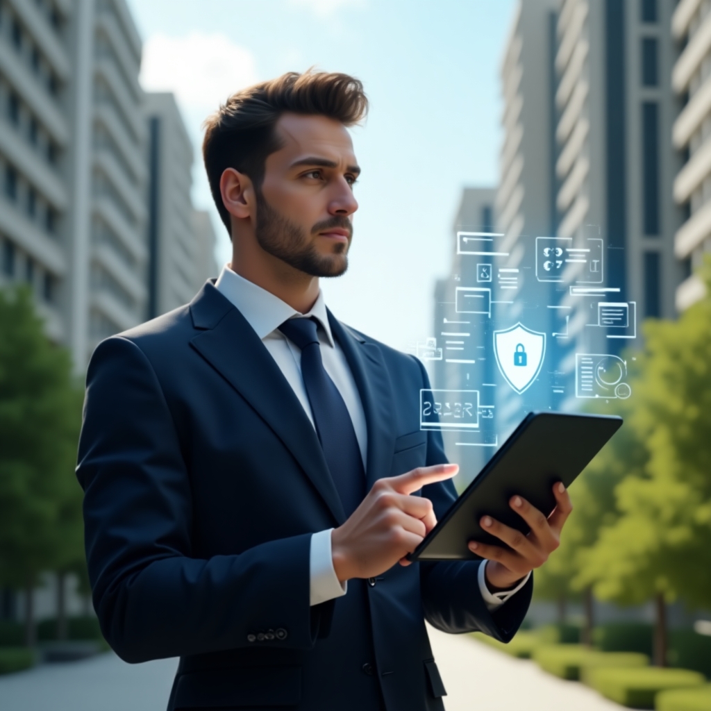 (Ultra-realistic condominium manager in a tailored navy suit, set in a modern luxury condominium environment with high-rise buildings and lush green landscaping, holding a tablet and pointing at a holographic interface displaying financial charts, a security shield icon, chat bubbles and calendar booking symbols, confident and focused expression, cinematic lighting, shallow depth of field, highly detailed textures, realistic skin, photographic realism, 8k resolution --ar 1:1 --v 6)