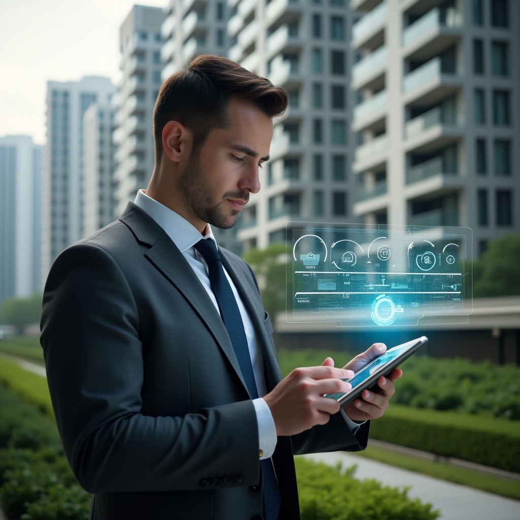 (Ultra-realistic condominium manager in a charcoal gray suit, set in a modern luxury condominium environment with high-rise buildings and manicured green landscaping, reviewing a holographic timeline of maintenance and assembly tasks projected from a sleek tablet, confident and focused expression, floating iconography of clocks and checklists, cinematic lighting, shallow depth of field, highly detailed textures, realistic skin, photographic realism, 8k resolution --ar 1:1 --v 6)