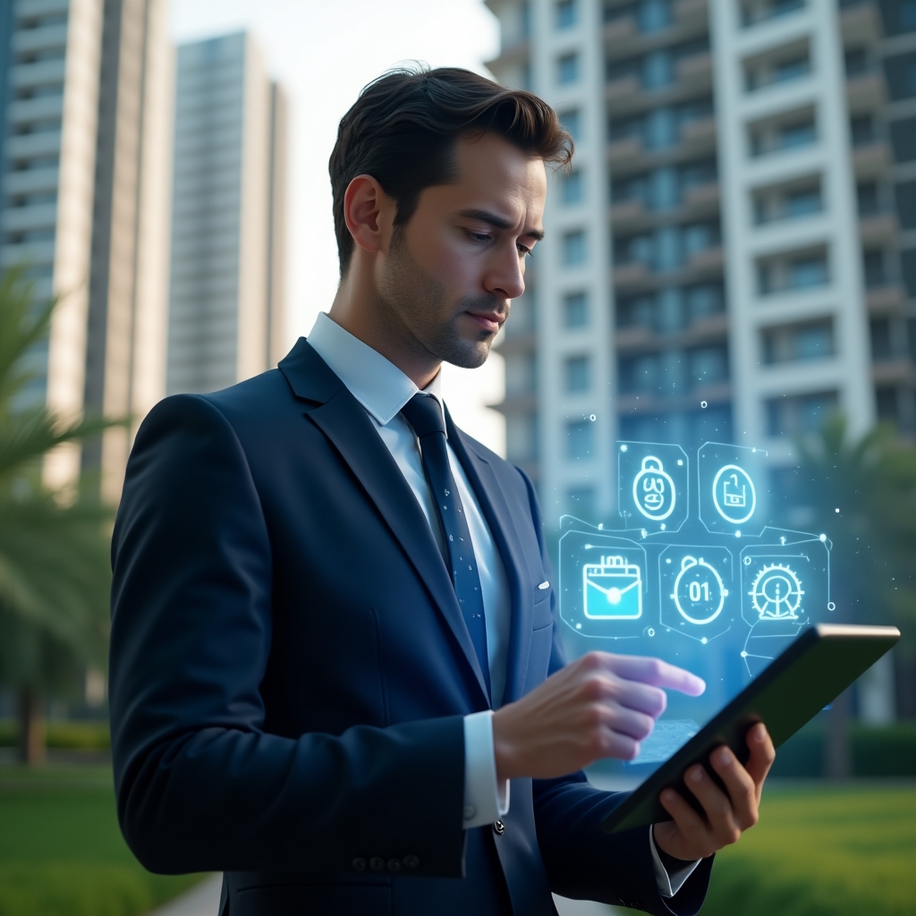 Ultra-realistic condominium manager in a navy blue executive suit, set in a modern luxury condominium environment with high-rise buildings and green landscaping, holding a transparent tablet projecting holographic icons of communication, calendar, finance and security, analyzing the interface with a confident expression, cinematic lighting, shallow depth of field, highly detailed textures, realistic skin, photographic realism, 8k resolution --ar 1:1 --v 6